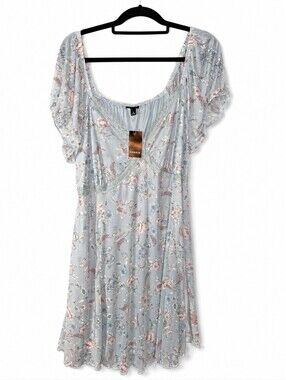 NWT Torrid Floral Mesh Mini Dress Light Blue Flutter Sleeve Size 1 (14-16 Or 1X)